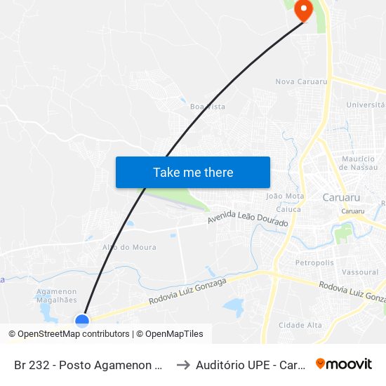 Br 232 - Posto Agamenon Magalhães to Auditório UPE - Caruaru, PE map