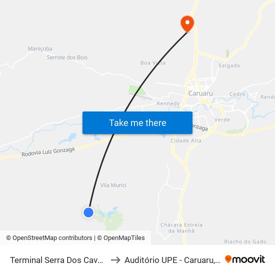 Terminal Serra Dos Cavalos to Auditório UPE - Caruaru, PE map