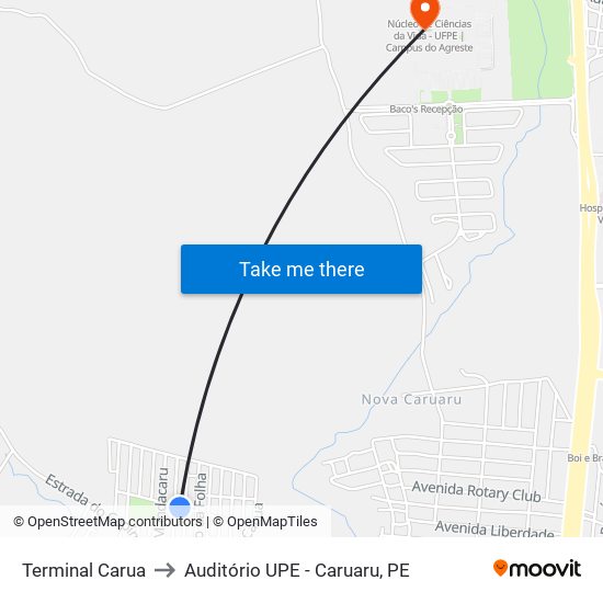 Terminal Carua to Auditório UPE - Caruaru, PE map