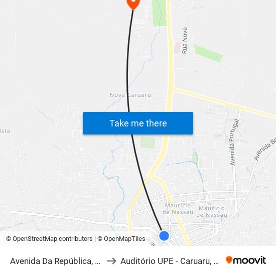 Avenida Da República, 75 to Auditório UPE - Caruaru, PE map
