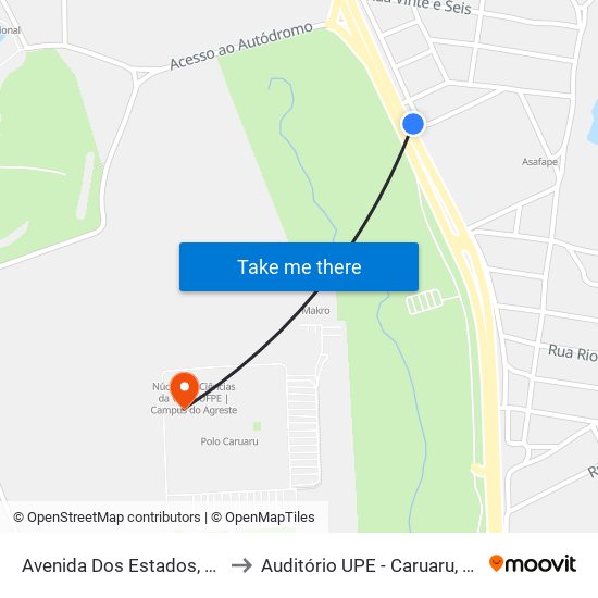 Avenida Dos Estados, 10 to Auditório UPE - Caruaru, PE map