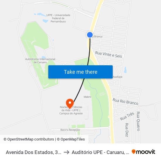 Avenida Dos Estados, 360 to Auditório UPE - Caruaru, PE map