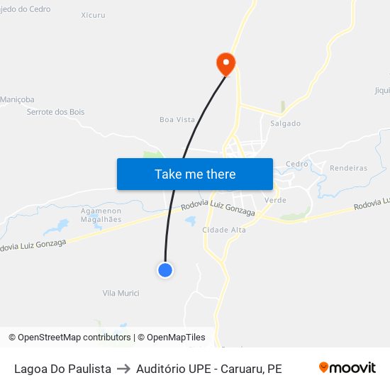 Lagoa Do Paulista to Auditório UPE - Caruaru, PE map