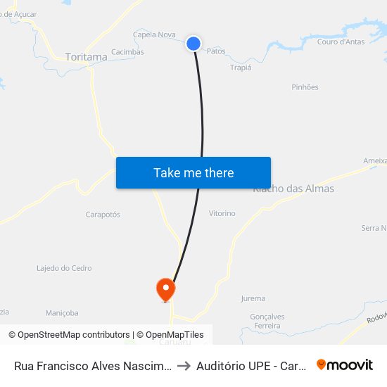 Rua Francisco Alves Nascimento, 329 to Auditório UPE - Caruaru, PE map