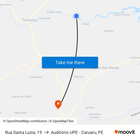 Rua Santa Luzia, 19 to Auditório UPE - Caruaru, PE map