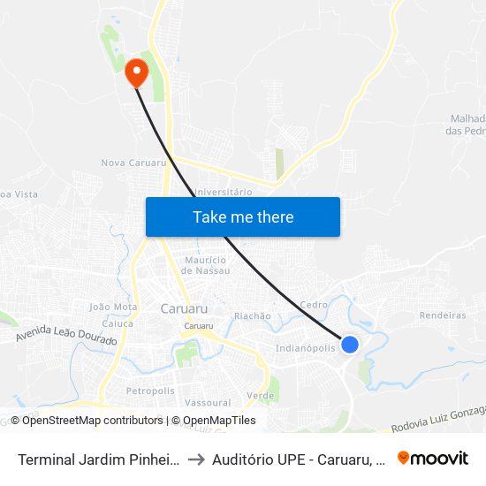 Terminal Jardim Pinheiro to Auditório UPE - Caruaru, PE map