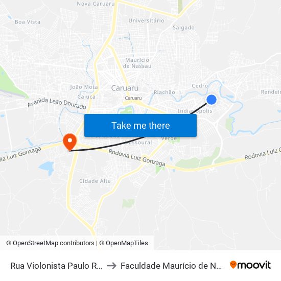 Rua Violonista Paulo Roberto Da Silva, 1-55 to Faculdade Maurício de Nassau - Unidade Caruaru map