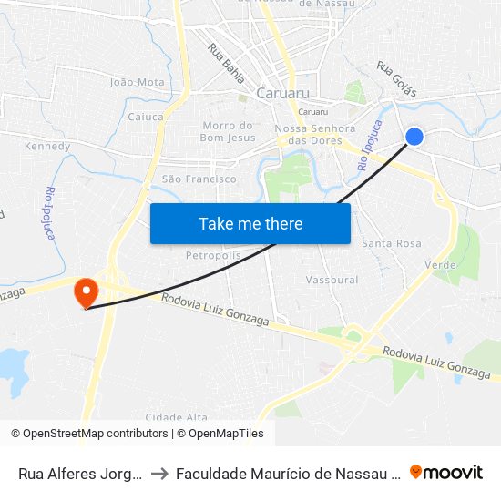 Rua Alferes Jorge, 436-480 to Faculdade Maurício de Nassau - Unidade Caruaru map