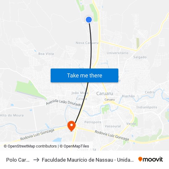 Polo Caruaru to Faculdade Maurício de Nassau - Unidade Caruaru map