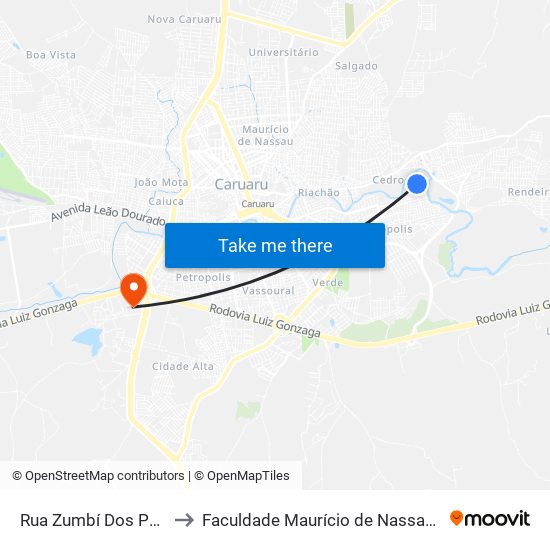 Rua Zumbí Dos Palmares, 163 to Faculdade Maurício de Nassau - Unidade Caruaru map