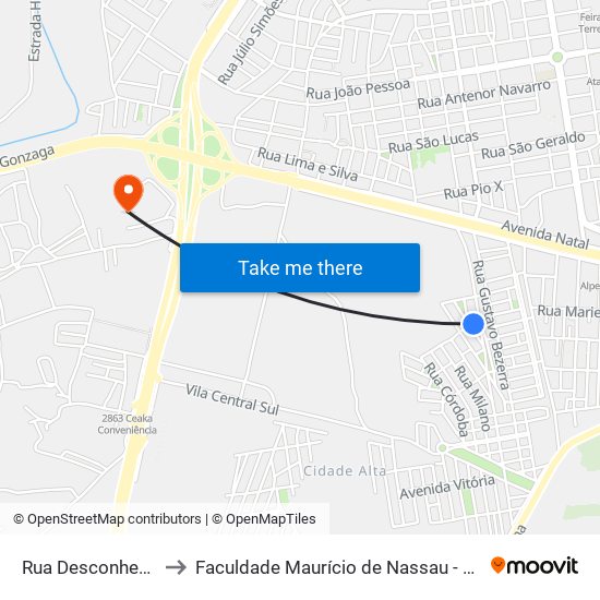 Rua Desconhecida, S/N to Faculdade Maurício de Nassau - Unidade Caruaru map