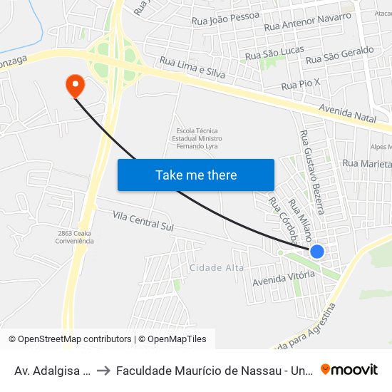 Av. Adalgisa Nunes to Faculdade Maurício de Nassau - Unidade Caruaru map