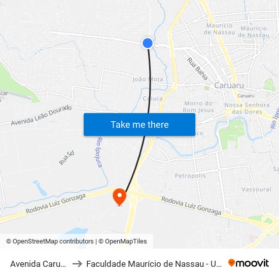 Avenida Caruaru 160 to Faculdade Maurício de Nassau - Unidade Caruaru map