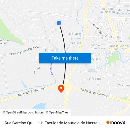 Rua Gercino Quaresma 50 to Faculdade Maurício de Nassau - Unidade Caruaru map