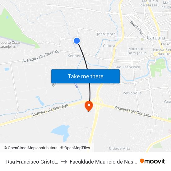 Rua Francisco Cristóvão De Melo, 304 to Faculdade Maurício de Nassau - Unidade Caruaru map