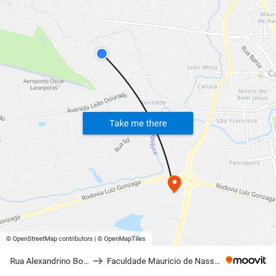 Rua Alexandrino Boa Ventura, 300 to Faculdade Maurício de Nassau - Unidade Caruaru map