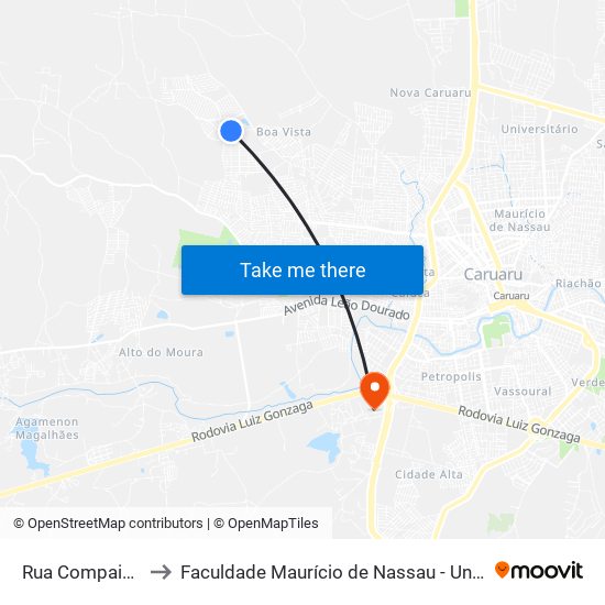 Rua Compaixão, 65 to Faculdade Maurício de Nassau - Unidade Caruaru map