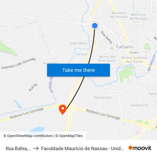 Rua Bahia, 969 to Faculdade Maurício de Nassau - Unidade Caruaru map