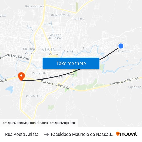 Rua Poeta Anistaldo Lins, 76 to Faculdade Maurício de Nassau - Unidade Caruaru map