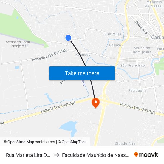 Rua Marieta Líra De Azevedo, 74 to Faculdade Maurício de Nassau - Unidade Caruaru map