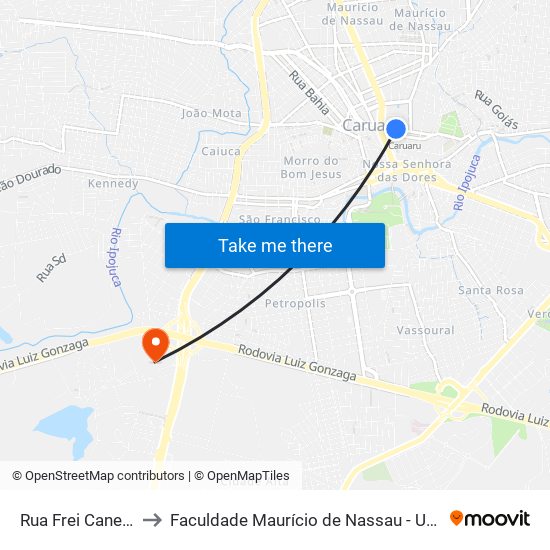 Rua Frei Caneca, 146 to Faculdade Maurício de Nassau - Unidade Caruaru map