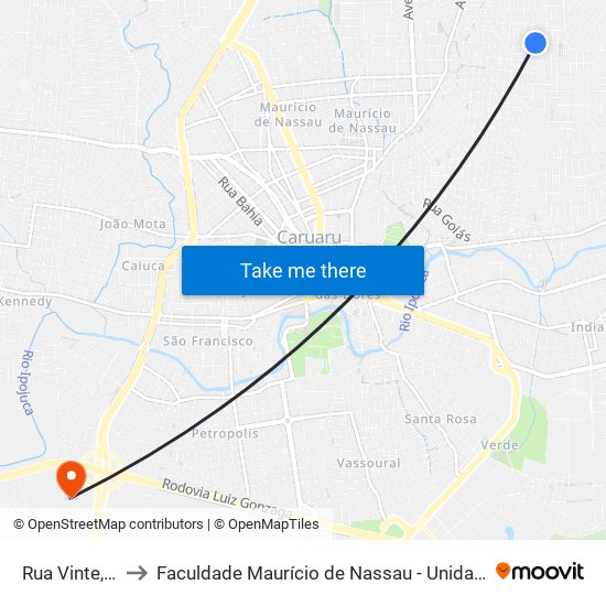 Rua Vinte, 345 to Faculdade Maurício de Nassau - Unidade Caruaru map