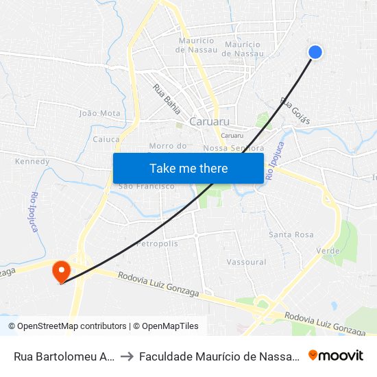 Rua Bartolomeu Anacleto, 515 to Faculdade Maurício de Nassau - Unidade Caruaru map