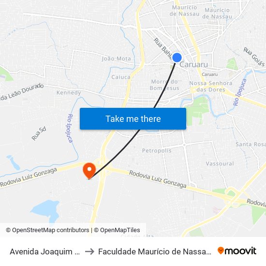 Avenida Joaquim Nabuco, 100 to Faculdade Maurício de Nassau - Unidade Caruaru map