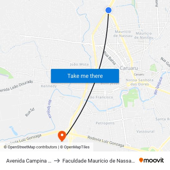 Avenida Campina Grande, 144 to Faculdade Maurício de Nassau - Unidade Caruaru map