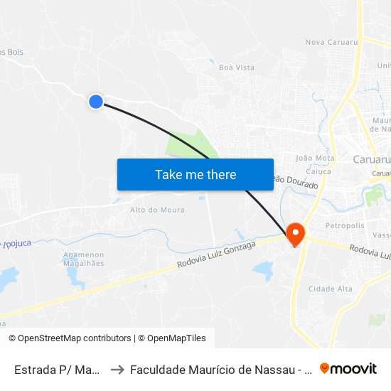 Estrada P/ Maniçoba,00 to Faculdade Maurício de Nassau - Unidade Caruaru map