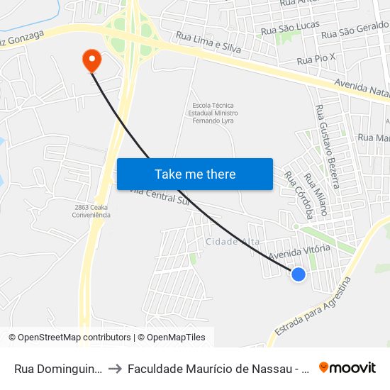 Rua Dominguinhos, S/N to Faculdade Maurício de Nassau - Unidade Caruaru map