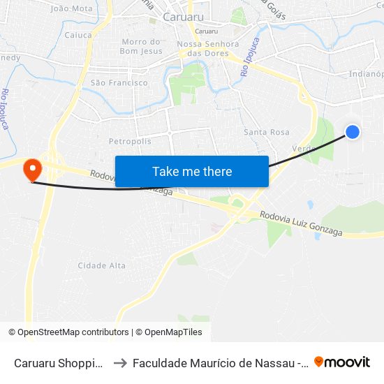 Caruaru Shopping (Fundo) to Faculdade Maurício de Nassau - Unidade Caruaru map