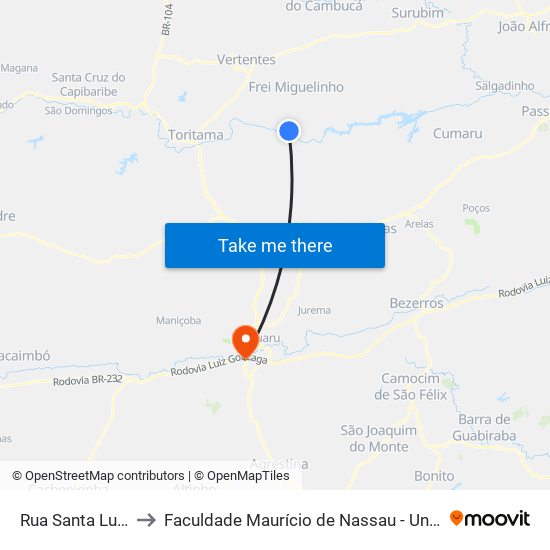 Rua Santa Luzia, 54 to Faculdade Maurício de Nassau - Unidade Caruaru map