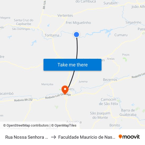 Rua Nossa Senhora Conceicao, 4567 to Faculdade Maurício de Nassau - Unidade Caruaru map