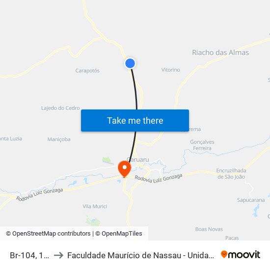 Br-104, 1512 to Faculdade Maurício de Nassau - Unidade Caruaru map