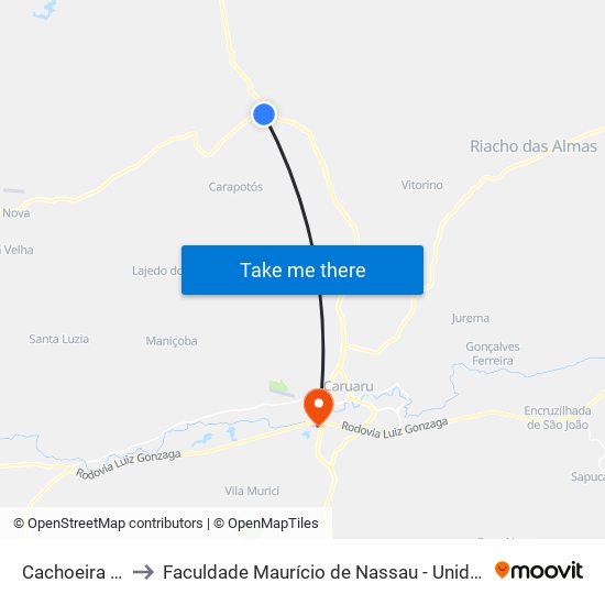 Cachoeira Seca to Faculdade Maurício de Nassau - Unidade Caruaru map