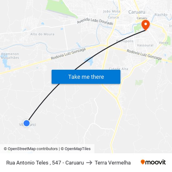 Rua Antonio Teles , 547 - Caruaru to Terra Vermelha map