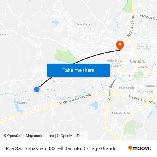 Rua São Sebastião 332 to Distrito De Lage Grande map