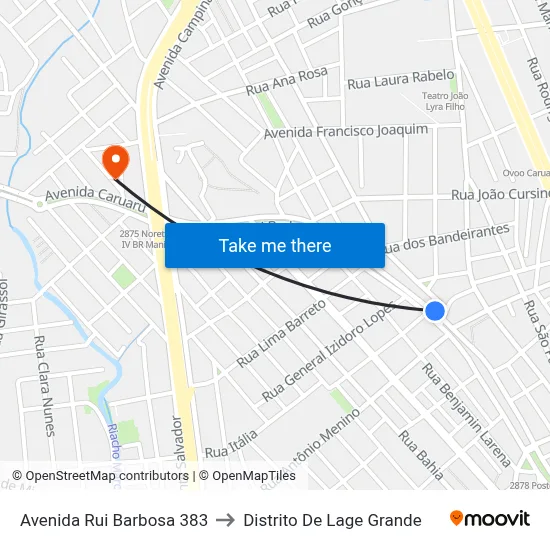 Avenida Rui Barbosa 383 to Distrito De Lage Grande map