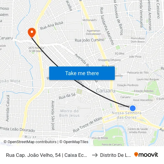 Rua Cap. João Velho, S/N - Caruaru to Distrito De Lage Grande map