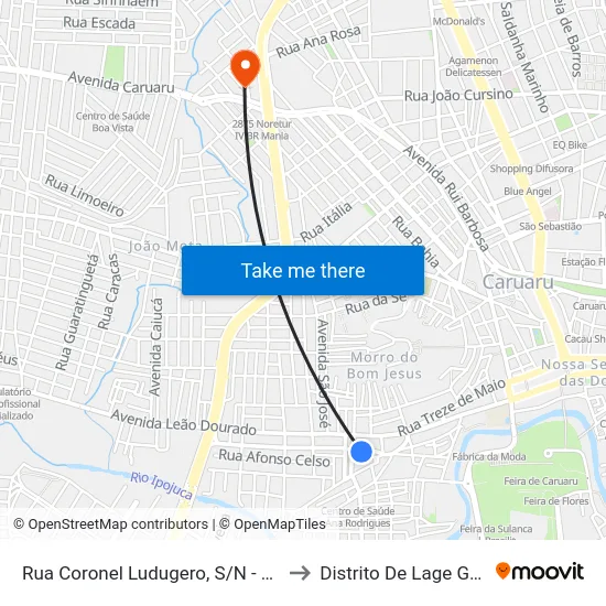 Rua Coronel Ludugero, S/N - Caruaru to Distrito De Lage Grande map