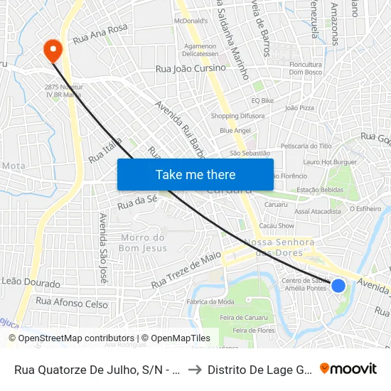 Rua Quatorze De Julho, S/N - Caruaru to Distrito De Lage Grande map