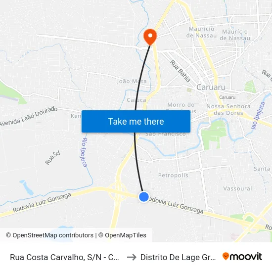 Rua Costa Carvalho, S/N - Caruaru to Distrito De Lage Grande map