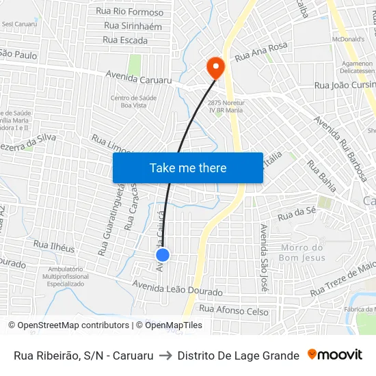 Rua Ribeirão, S/N - Caruaru to Distrito De Lage Grande map