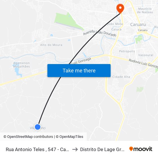 Rua Antonio Teles , 547 - Caruaru to Distrito De Lage Grande map