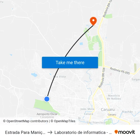 Estrada Para Maniçoba 334 to Laboratorio de informatica - UFPE /CAA map