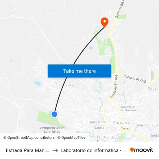 Estrada Para Maniçoba 99 to Laboratorio de informatica - UFPE /CAA map