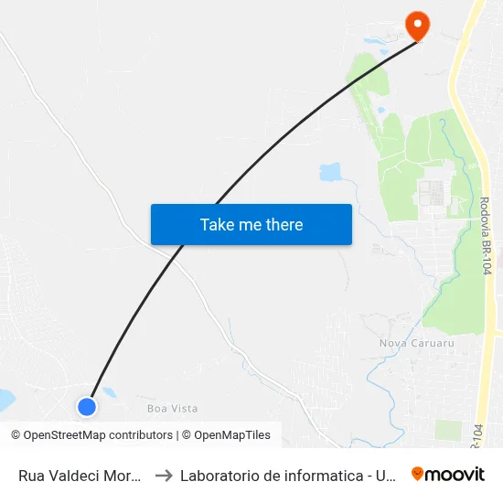 Rua Valdeci Moraes 46 to Laboratorio de informatica - UFPE /CAA map