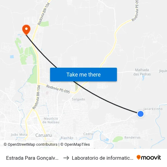 Estrada Para Gonçalves Ferreira 16 to Laboratorio de informatica - UFPE /CAA map