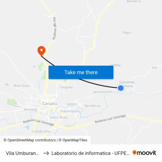 Vila Umburana 96 to Laboratorio de informatica - UFPE /CAA map